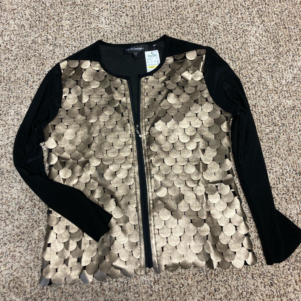 T&W Designs Zip Up Black and Gold Jacket Size M